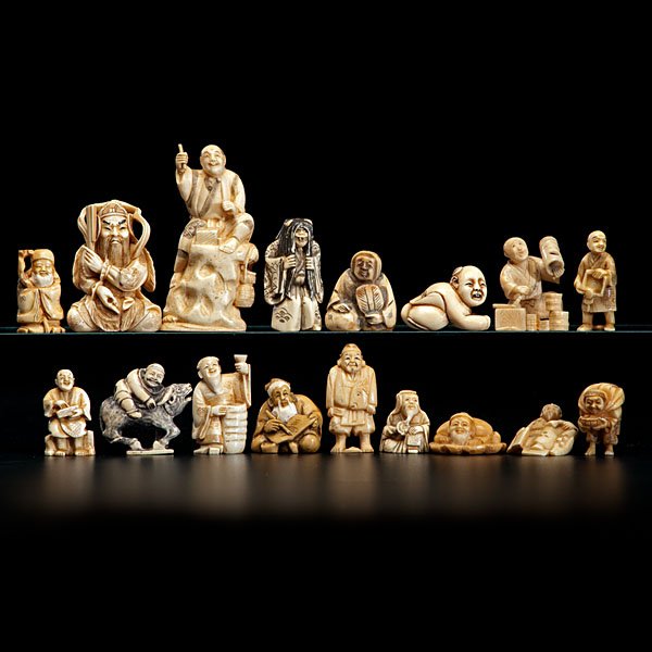 Collection of Japanese Ivory Okimono Netsukes : Collection of Japanese Ivory Okimono Netsukes 20th century. A collection of seventeen (17) carved and inked ivory netsuke figures, several signed; largest ht. 3.5 in.