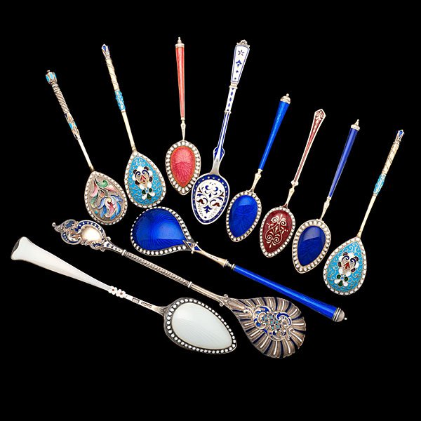 Russian and Danish Enameled Sterling Spoons, Plus : Russian and Danish, late 19th century. An assembled group of enameled sterling silver spoons. Three demitasse spoons bear the mark in keeping with Ivan Ado, Kazan (1899-1908), the purity mark 84, and 