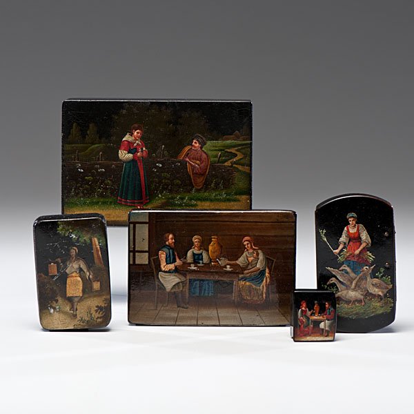 Russian Lacquered Boxes : Russian, 19th century. A group of five lacquered papier mâché boxes of varying size, all depicting pastoral, courting, and social scenes in the style of the Fedoskino school. Each oil painting is o