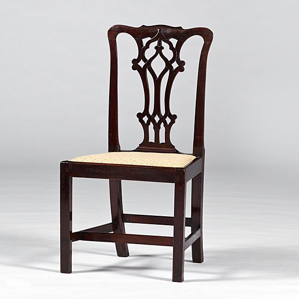 George III Mahogany Side Chair : English, 18th century. A George III mahogany side chair with cream upholstered seat; ht. 38, wd. 20.5, dp. 16.5 in. Provenance: Property from the collections of Mack and Sharon Cox, Richmond, Kentu