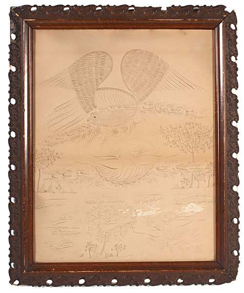 Spencerian Drawing of an Eagle by Minnie Whitacre : Minnie Whitacre (American, 19th century). A Spencerian Drawing of a large eagle above smaller doves and trees, inscribed "With Malice Toward None, With Charity for All." - Abraham Lincoln / Flourish