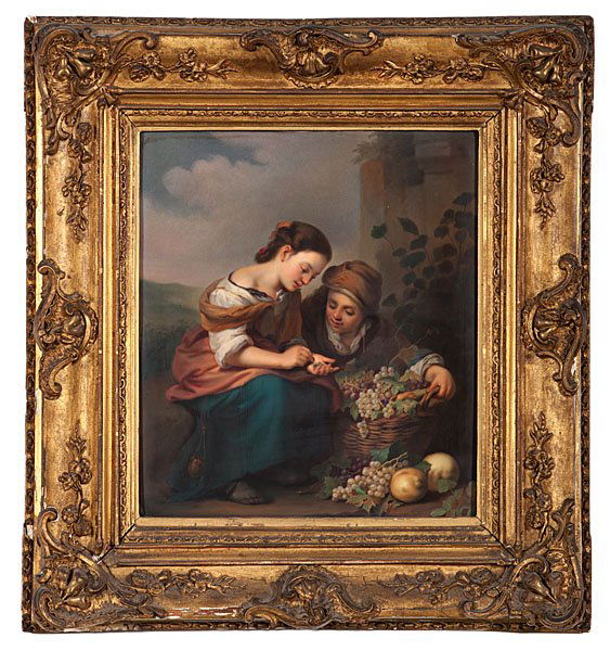 Large KPM Porcelain Plaque After Murillo, Signed : German, 19th century. A KPM hand-painted rectangular porcelain plaque of unusually large size, depicting Bartolomé Esteban Murillo's Little Fruit Seller (1670-75), in an ornate gilt frame, signed Mei
