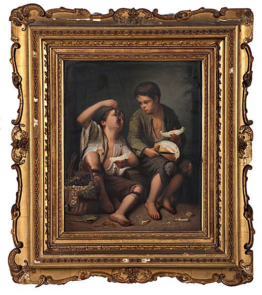 Large KPM Porcelain Plaque After Murillo, Signed : German, 19th century. A KPM hand-painted rectangular porcelain plaque of unusually large size, depicting Bartolomé Esteban Murillo's Grape and Melon Eaters (1645-46), in an ornate gilt frame, illegib