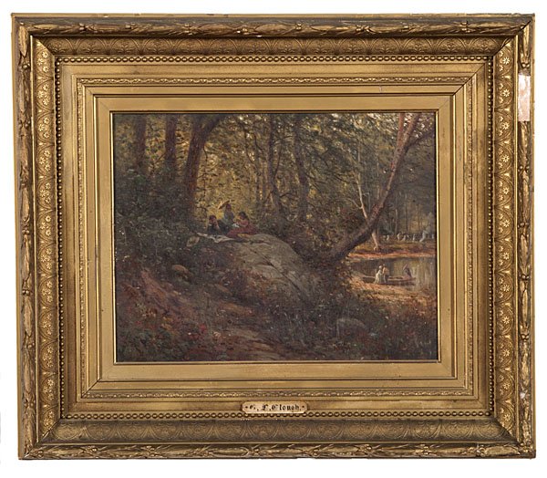 Hudson River School Landscape by G. L. Clough : George Lafayette Clough (American/New York, 1824-1901). Hudson River School oil on canvas depicting polite society enjoying an idyllic forest landscape, in ornate gilt frame, signed u.l. center