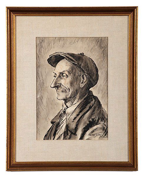 The Old Jockey, by Peter Hurd : Peter Hurd (American, 1904-1984). Pen and ink wash on paper depicting a portrait of an aged jockey, signed and titled, l.r.; 11.5 x 7.75 in. (sight).