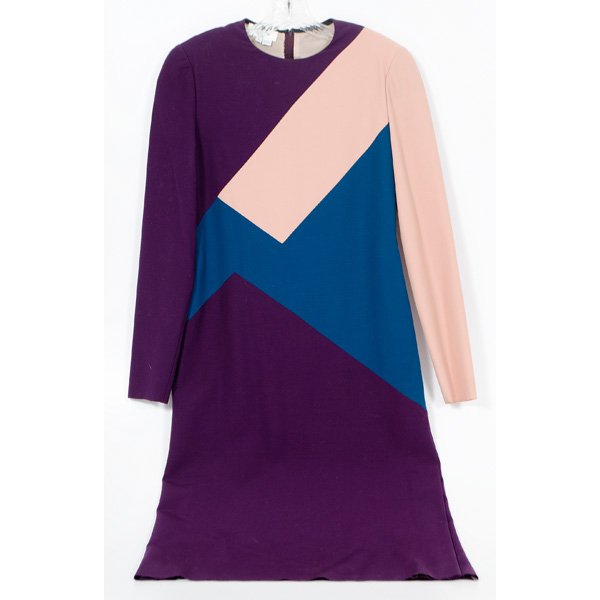 Mary McFadden Dress : Mary McFadden Dress American, 20th century. A fully-lined long-sleeve, mid-calf length dress with geometric design of four colors, side split, zippers at back and side, label Mary McFadden Coutur