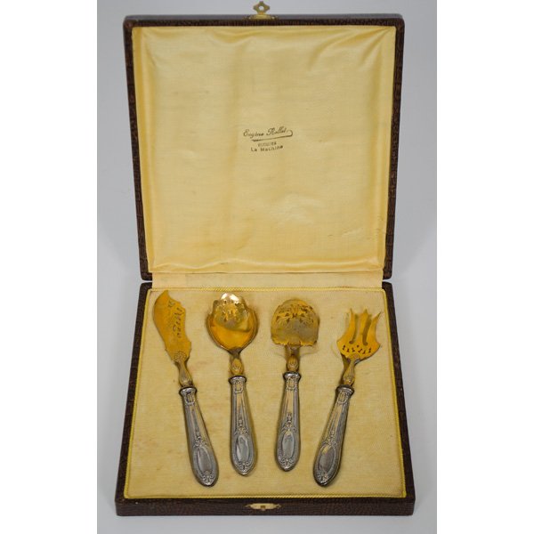 Gold-Plated Sterling Flatware : Gold-Plated Sterling Flatware Continental. A set of four gold-plated sterling flatware serving pieces, including a pierced cake fork, a pierced cake knife, a pierced asparagus server, and a pierced 