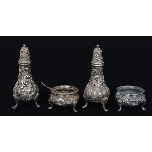 Loring Andrews Sterling Salts and Pepper Shakers : Loring Andrews Sterling Salts and Pepper Shakers American (Cincinnati), ca. 1900. Two pairs of footed sterling silver pepper shakers and salts, and a salt spoon in the Castle pattern, all marked Ste