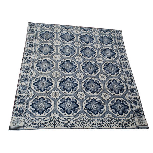 John Whisler Coverlet, Dated 1841, Indiana : John Whisler Coverlet, Dated 1841, Indiana American, 19th century. A coverlet of deep indigo blue on a natural ground, center field having floral motifs, two side borders contain lilies and the bott