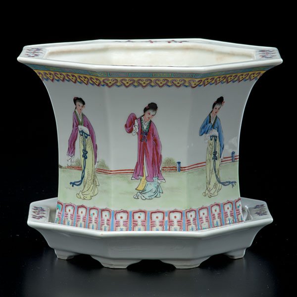 Chinese Planter and Stand : Chinese Planter and Stand Early 20th century. A scenic decorated planter on porcelain stand, having women decorated in each hexagonal panel; ht. 7 in.