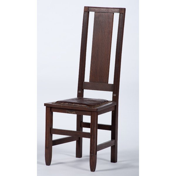 Arts and Crafts Hall Chair Attributed to Frank Lloyd Wr: Arts and Crafts Hall Chair Attributed to Frank Lloyd Wright American, 20th century. An Arts and Crafts hall chair with leather seat. Metal plaque on front of chair seat reads Brown's Bookstore Stude