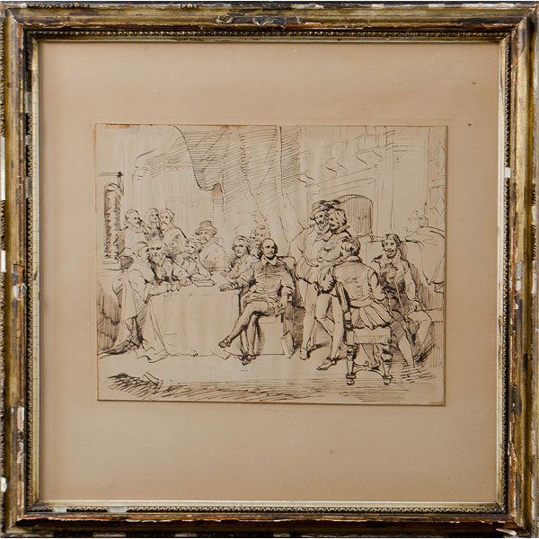 Shakespeare and His Friends, J. Faed Drawing : Shakespeare and His Friends, J. Faed Drawing Pen and ink drawing depicting Shakespeare and his friends. Label on back reads "The original pen & ink drawing of Shakespeare and his friends by John Fa