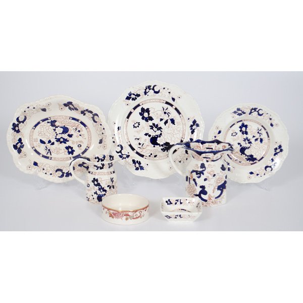 Mason's Ironstone Mandalay Service China : Mason's Ironstone Mandalay Service China English, an assembled group of Mason's ironstone china, including a deep tray, two handled pitchers, a round bowl, a small square tray, a round chop plate, a