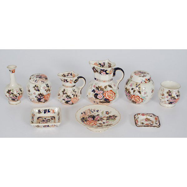 Mason's Mandarin Ironstone Tablewares : Mason's Mandarin Ironstone Tablewares English. An assembled group of Mason's ironstone china, including various sized of handled pitchers, four covered ginger jars, a bud vase, a small footed compot