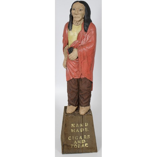 Cigar Store Indian : Cigar Store Indian American, 20th century. A painted plaster cigar store Indian, on a wood base with "Hand Made, Cigars and Tobac"; Indian ht. 33 in, base ht. 12 in.