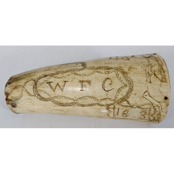 Scrimshaw Powder Horn : Scrimshaw Powder Horn American, 1813. A powder horn with scrimshaw carvings of a rifle leaning against a tree, a larger rifle, a pistol, a hunter shooting a bird, the monogram WFC, and the date 18