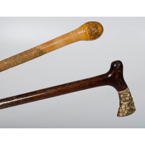 Chinese Carved Bamboo and Silver Inlay Canes : Chinese Carved Bamboo and Silver Inlay Canes Chinese. Two ornate walking sticks, one having a shaft with silver inlaid design of dragons and monogrammed floral repousse handle. Other cane is constr