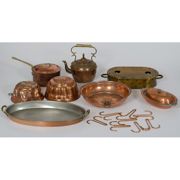 Vintage Copper Cookware including Karl Raichle Warmer : Vintage Copper Cookware including Karl Raichle Warmer Eleven pieces of vintage copper cookware. Group includes hand hammered warmer by Bauhaus designer Karl Raichle, hammered copper strainer or stea