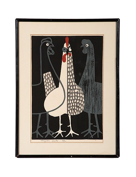 Chickens Print by Kiyoshi Saito : Chickens Print by Kiyoshi Saito Kiyoshi Saito (Japanese, 1907-1997). Woodblock in colors, signed and numbered 61/300; 17.5 x 12.75 in (sight)