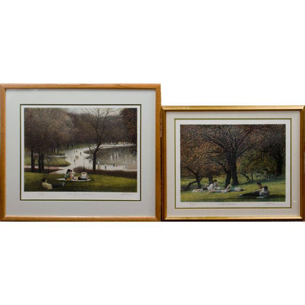 Pair of Harold Altman Lithographs : Pair of Harold Altman Lithographs Harold Altman (American, 1924-2003). A pair of colored lithographs, both depicting scenes in Central Park. One titled Sunday Afternoon, the other titled Seated Fi