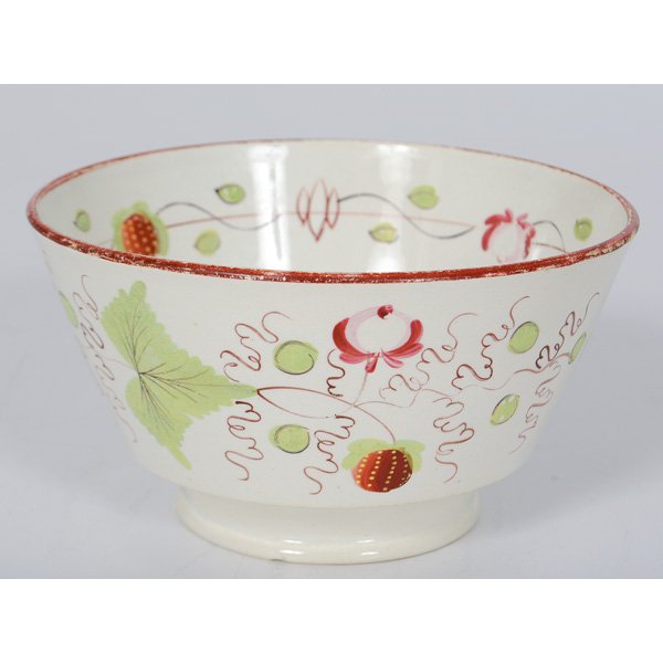 Pearlware Berry Bowl : Pearlware Berry Bowl English. A pearlware berry bowl with a hand-painted rim and a pattern of strawberries and vines painted on both the interior and exterior of the body, unmarked; dia. 6.5 in.