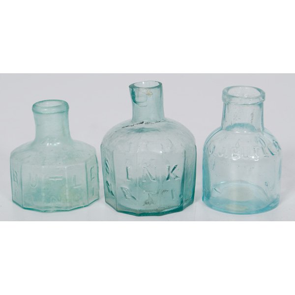 Cincinnati Butler Ink Bottles : Cincinnati Butler Ink Bottles Cincinnati, Ca 1850. Three early mold blown ink bottles, two in dodecehedron form with raised text reading Butlers Ink/ Cincinnati, having open pontils, and one roun
