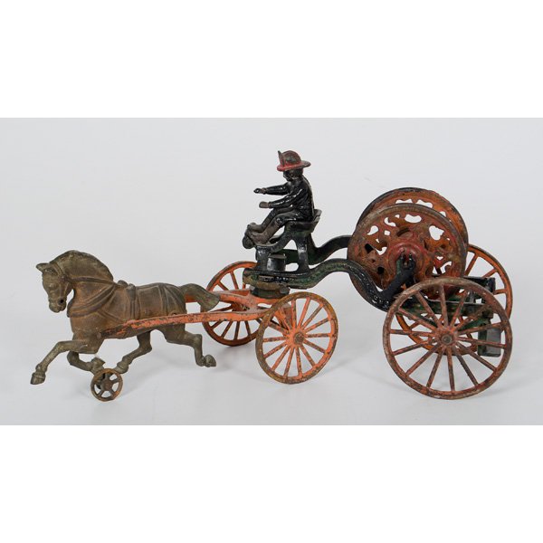 Cast Iron Horse-Drawn Fire Hose Reel : Cast Iron Horse-Drawn Fire Hose Reel Toy hose wagon painted green and red, pulled by a one horse cart. With cast iron fireman and hose reel; lg. 16.25 in.