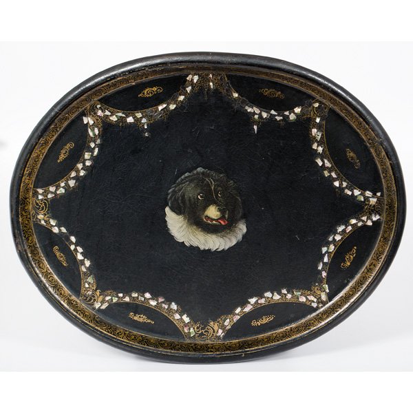 Victorian Papier Mâché Tray with Newfoundland : Victorian Papier Mâché Tray with Newfoundland 19th century. Black papier mâché tray with central cartouche of Newfoundland dog. 23.5 x 29. in.