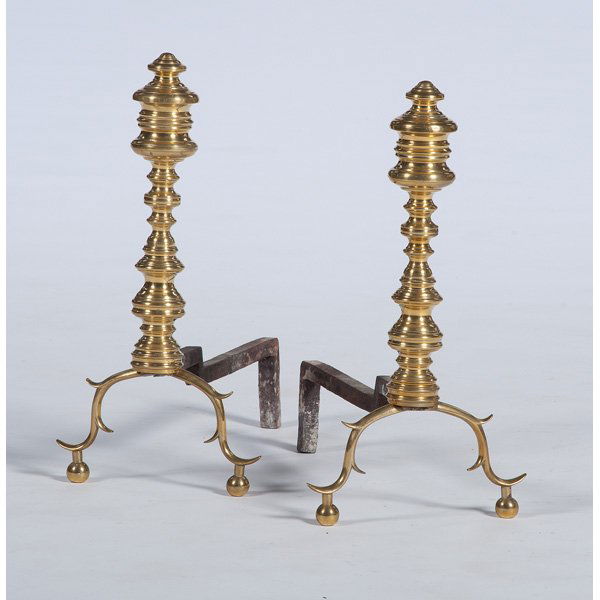 Brass Victorian Andirons : Brass Victorian Andirons Turned brass andirons on ball feet, with accompanying tools; ht. 19, wd. 9, dp.16.