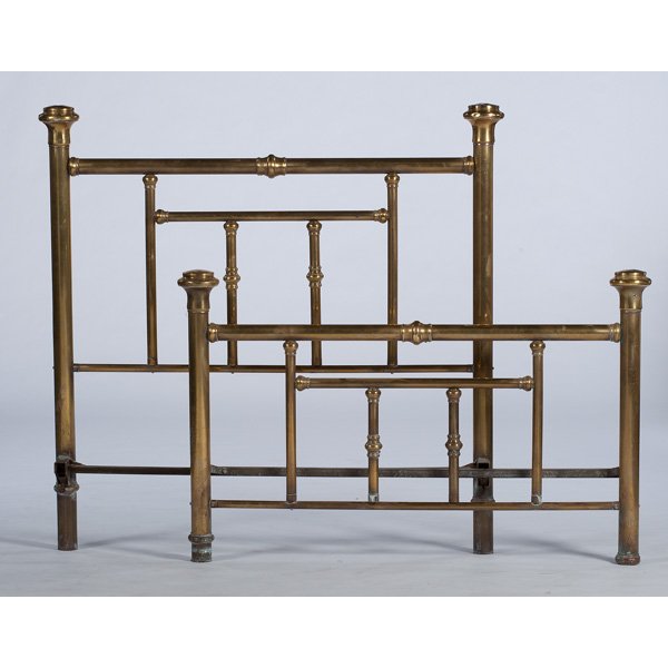 Brass Bed : Brass Bed A brass bed, with headboard, football, and metal side rails which are adaptable but do not currently fit the bed; headboard ht. 55.5, wd. 57.5 in., footboard ht. 35.5, wd. 57.5 in.