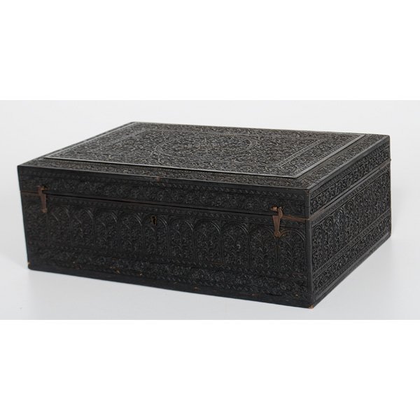 Carved Indian Wood Letter Box : Carved Indian Wood Letter Box Indian, 19th century. A wood letter box with elaborately carved floral motifs, having a hinged lid, fitted interior tray and fitted letter slots; ht. 5.5, wd. 16, dp. 1