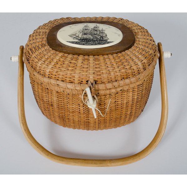 Reproduction Nantucket Basket by Stephen Barlow : Reproduction Nantucket Basket by Stephen Barlow Stephen Barlow (American, 20th century). A reproduction version of the popular Nantucket basket/handbag with a nautical design on hinged lid, incise