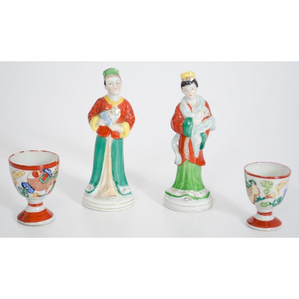 Occupied Japan Figures, Plus : Occupied Japan Figures, Plus Japanese. A pair of standing porcelain figures each wearing flowing robes, marked Made in Occupied Japan PLUS a pair of porcelain sake cups with painted scenes i