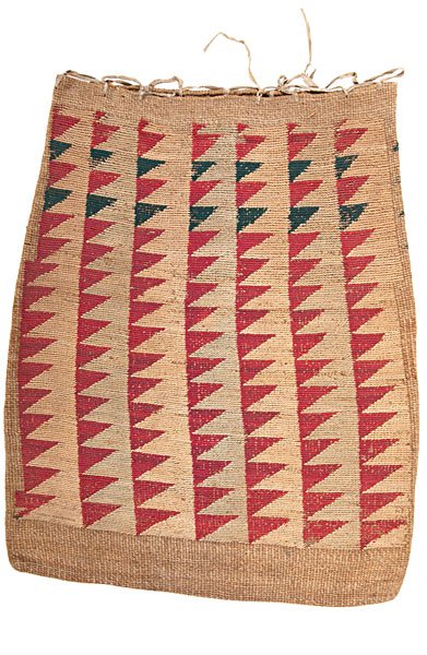 Large Nez Perce Corn Husk Flat Bag From the Collection : Large Nez Perce Corn Husk Flat Bag From the Collection of Dr. Kent and Karen Vickery, Colorado decorated on both sides with various designs of stacked wool triangles; native hide repair on one side 