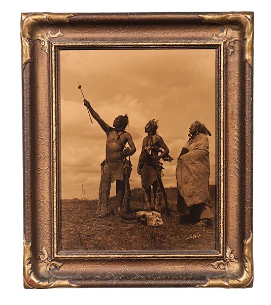 Edward Curtis (American, 1868-1952) Orotone, Land of th: Edward Curtis (American, 1868-1952) Orotone, Land of the Cree housed in original arts and crafts bronzed gesso and wood batwing frame and signed lower right, sight 13.5 x 10.5 in. frame 18.5 in. x 1