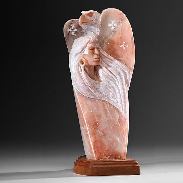 Alvin K. Marshall Navajo Utah Alabaster Sculpture : Alvin K. Marshall Navajo Utah Alabaster Sculpture eagle and warrior; mounted on wooden base; signed and dated on back, height 20.5 in. x length 11 in. x width 7.5 in. 1991