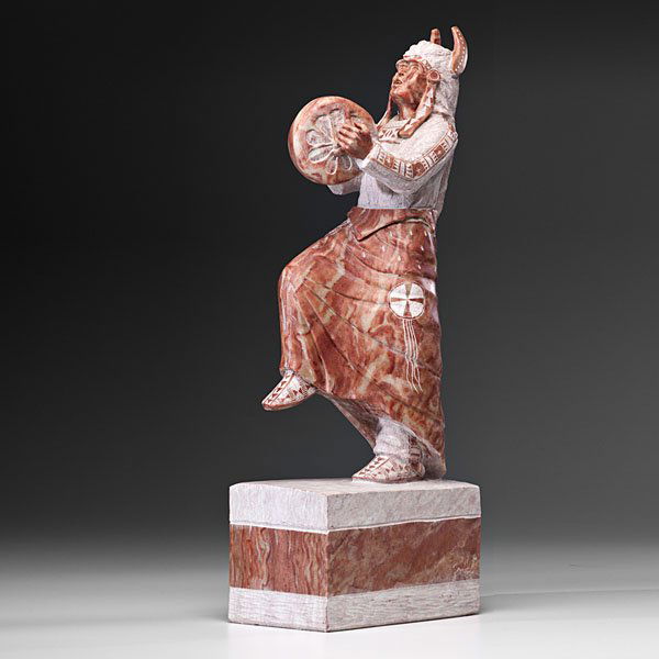 Alvin K. Marshall Navajo Utah Alabaster Sculpture : Alvin K. Marshall Navajo Utah Alabaster Sculpture dancer wearing a buffalo horn headdress; signed and dated on back of base, height 26.75 in. x length 10.25 in. x width 5.75 in. 1992