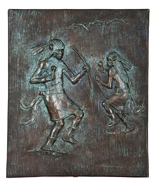 Allan Houser Bronze Plaque : Allan Houser Bronze Plaque Allan Houser (American, 1914-1994). Bronze plaque depicting two buffalo dancers. Bottom signed and dated 84 with artist's monogram. Numbered 3/20 ; 18 x 15 in.