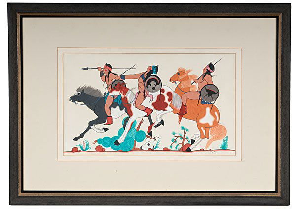 Popovi Da (San Ildefonso, 1922-1971) Gouache : Popovi Da (San Ildefonso, 1922-1971) Gouache painted with three warriors on horseback; signed lower right, sight 11.5 x 19.5 in.; framed 23 x 32 in. third quarter 20th century