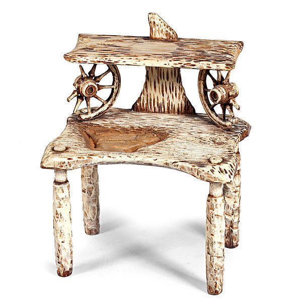 Harley Niblack (American, 1984-1966) Carved Side Table : Harley Niblack (American, 1984-1966) Carved Side Table two-tiered design with rustic wagon wheel accents and a low relief horse carving; height 35 in. x width 26.5 in. x depth 20 in. mid-20th cen