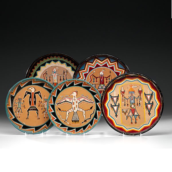 Painted Beer Trays from the Shiprock Trading Post : Painted Beer Trays from the Shiprock Trading Post Will Evans (1877-1954). Five polychrome painted beer trays with thunderbird and Yei figure motifs; Largest 13.5 in. dia. Ca. 1930s