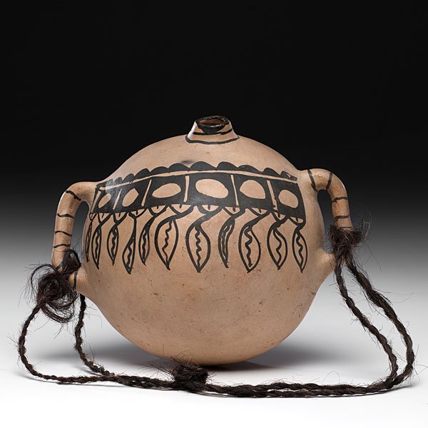 Cochiti Canteen From the Collection of Dr. Kent and Kar: Cochiti Canteen From the Collection of Dr. Kent and Karen Vickery, Colorado large body painted with a row of feathers; square handles and small opening decorated with stripes, height 6.75 in. x diam