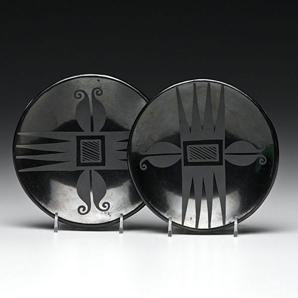 Maria Martinez & Popovi Da SanIldefonso Blackware Plate: Maria Martinez and Popovi Da San Ildefonso Blackware Plates lot of 2, each decorated with wings and pomegranate blossom, both signed on base, diameters 6 in. mid-20th century