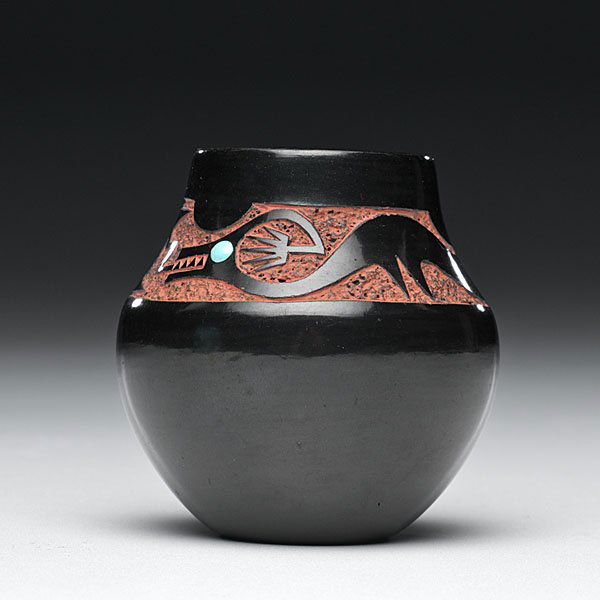 Tse Pe Gonzales and Dora Tse-Pe San Ildefonso Jar : Tse Pe Gonzales and Dora Tse-Pe San Ildefonso Jar black and sienna; Avanyu with a turquoise bead eye slithers against a sgraffito background, signed and dated on base, height 3 in. x diameter 2.75 i