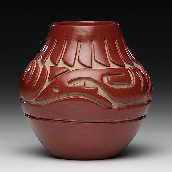 Teresita Naranjo Santa Clara Redware Jar : Teresita Naranjo Santa Clara Redware Jar deeply carved with feathers hanging from rim and an organically formed Avanyu detailed on shoulder; signed Teresita Naranjo " Apple Blossom" Santa Clara Pueb