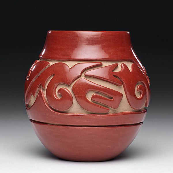 Teresita Naranjo Santa Clara Redware Jar : Teresita Naranjo Santa Clara Redware Jar wide band on body carved with Avanyu, signed on base Teresita Naranjo "Apple Blossom" Santa Clara Pueblo, height 7.5 in. x diameter 7 in. mid-20th century �