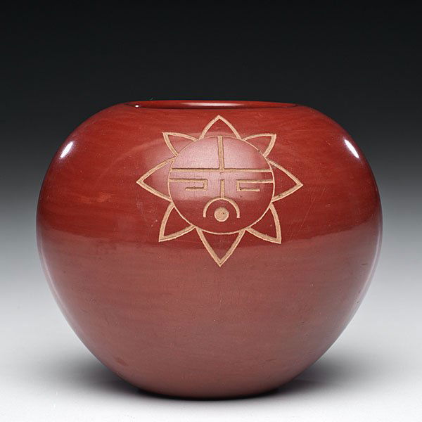 Joseph Lonewolf Santa Clara Redware Bowl : Joseph Lonewolf Santa Clara Redware Bowl globular form and inscribed with four Sunfaces in each quadrant; signed on base, height 4 in. x diameter 4.75 in. third quarter 20th century