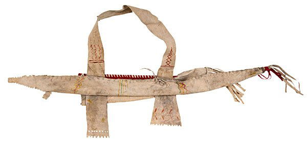 Apache Painted Hide Bow Case and Quiver : Apache Painted Hide Bow Case and Quiver sinew-sewn and painted with yellow, green, and red zigzags and bands; wooden bow with single metal-tipped arrow, length of bow case 41 in.; length of bow 41.