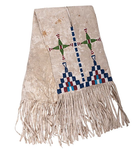 Apache Beaded Hide Saddle Bags : Apache Beaded Hide Saddle Bags sinew-sewn hide with beadwork forming designs of flared diamonds topping terraced triangles, and executed with bead colors of rose, pea green, translucent dark blue, l
