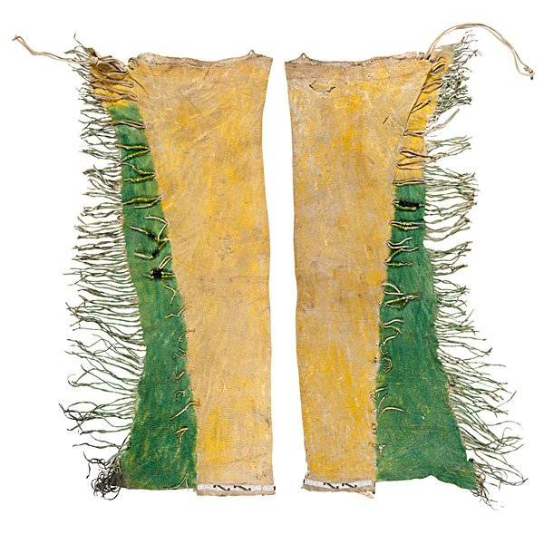 Comanche Beaded Hide Leggings : Comanche Beaded Hide Leggings sinew-sewn with single row of beadwork along cuff using colors of white, rose, and pea green; hide coated in yellow and green pigment, length 32 in. late 19th century